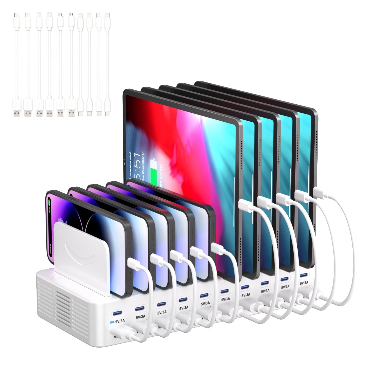 Photo 1 of 270W Charging Station for Multiple Devices, 20-Port USB Fast Charging Station with Adjustable Dividers & 10 Cables, Multi Device Organizer Charging Dock for iPhone, iPad, Tablets & More(White)