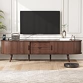 69" Mid Century TV Stand for TVs 55“-”80", Modern Entertainment Center with Sliding Doors & Power Outlet, TV Media Console with Storage Drawers and Shelves, TV Stand for Living Room, Bedroom, Walnut