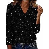 Sequin Tops for Women Long Sleeve Glitter Sparkly Shirts V Neck Dressy Date Night Party Holiday Outfits Blouses