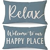 HERHOME Welcome to Our Happy Place Relax Decorative Throw Pillow Covers 12x20 Inch Set of 2 Dusty Blue Outdoor Farmhouse Porch Decor Lumbar Cushion Case Decoration for Home Sofa Couch Living Room