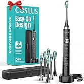 COSLUS C40 Sonic Electric Toothbrush for Adults &amp; Family, Black, 1PC | 47000VPM Deep Cleaning, Portable Travel Case - 5 Modes for Sensitive Teeth &amp; Brace, Wireless Charging, 6 Brush Heads