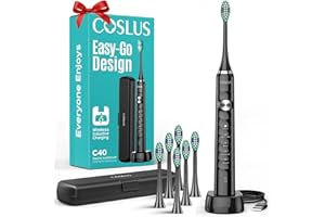 COSLUS Sonic Electric Toothbrush for Adults: 47000 VPM for Deep Cleaning & Whitening with Travel Case - 5 Modes for Sensitive Teeth & Braces, Wireless Charging, 6 Brush Heads for Family, Black (1PC)