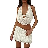 MakeMeChic Women's 2 Piece Summer Outfit Floral Lace Halter Draped Front Crop Tops and Tiered Ruffle Skirt Set