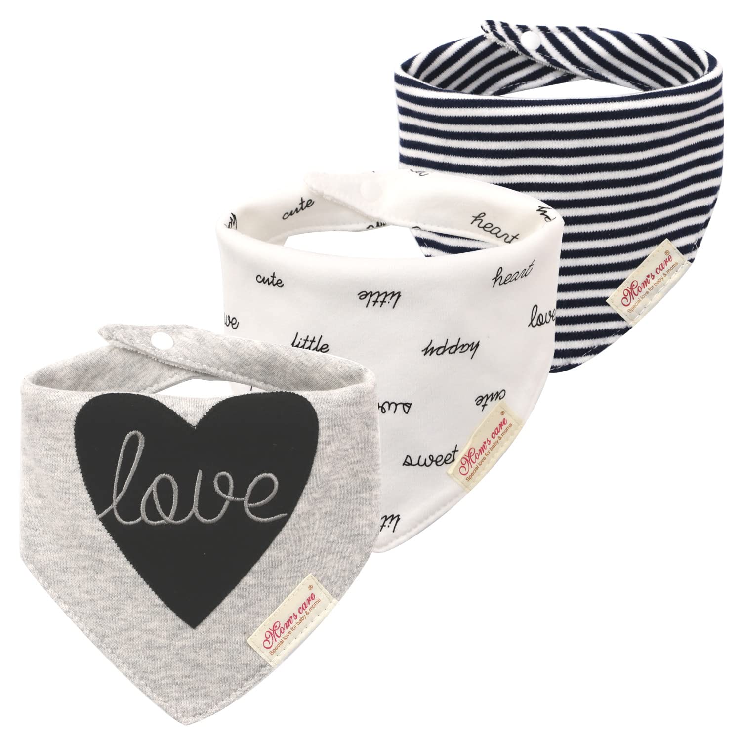 CuteOn Baby Drool Bibs, Unisex 3-Pack Absorbent Cotton, Triangle Bib with Snaps Gift for Boys Girls -46 Love