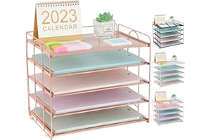ECOLOVI 5 Tier Mesh Paper Letter Tray Organizer, Desktop Office Supplies Organizer for Desk, Desk Organizers and Accessories (Rose Gold)