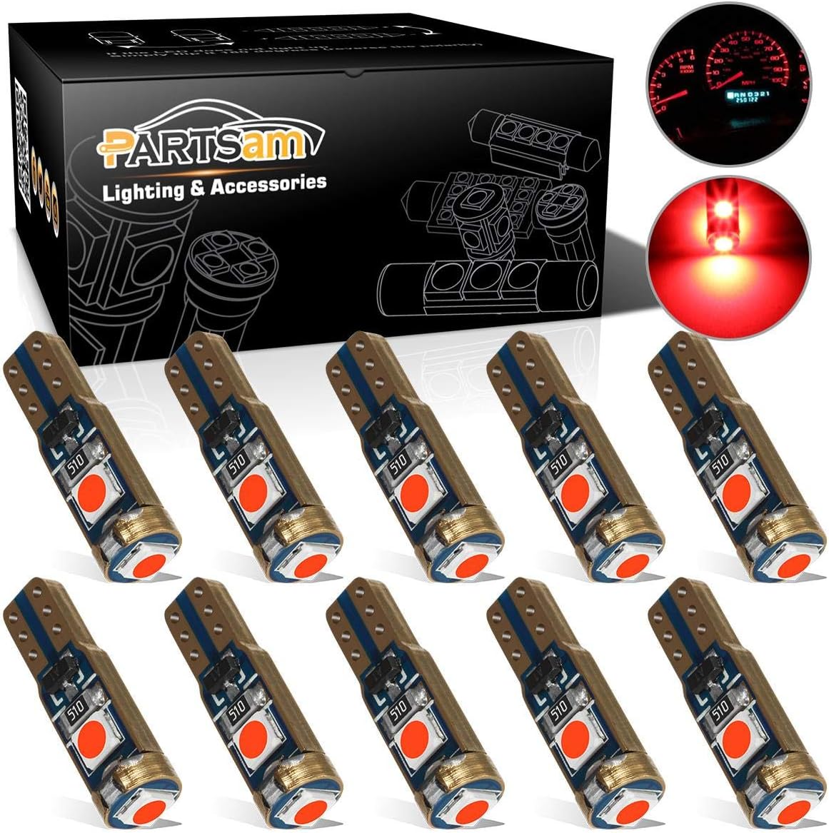 Partsam T5 73 74 Error Free Speedometer Indicator LED Light Kit Instrument Panel Gauge Cluster Dashboard LED Light Bulbs - Canbus/Red 10Pcs