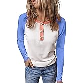 KINLONSAIR Women Raglan Long Sleeve Crew Neck Tunic Shirts Regular Fit T-shirts Color Block Fall Knit Tops Button Down Henley Shirts Trendy Outfits 2025 Blue