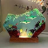 MASDEC Shark Resin Lamp, Scuba Diving Resin Ocean Lamp,Handmade Shark Decor Bedside Nightlight with Wooden Base, RGB Mode,Unique Gifts for Valentine's Day, Mother's Day, Birhtday,Holiday(S 6"X4")