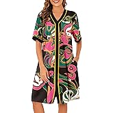 Bloggerlove Cotton Nightgowns for Women Floral Button Down Housecoat Long House Dress with Pocket