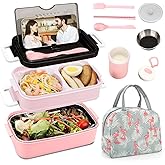 SAVTON 50 oz Bento Box Lunch Kit for Women, 2-Tier Adult Lunch Box with Cutlery/Sauce Bowl/Insulated Bag, Reusable Lunchable Meal Prep with Leak-Proof Seal, Microwave/Dishwasher-Safe, BPA-Free(Pink)