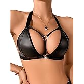 COOLOYA Women's PU Leather Bra Halter Racerback Triangle Bralettes Adjustable Straps Lingerie Rings Cut Out Crop Tops