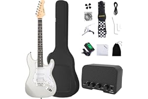 AODSK Electric Guitar with Amp Beginner Kit 39 Inch Solid Body Full Size,All Accessories,Digital Tuner,Six Strings,Four Picks,Tremolo Bar,Strap,Gig Bag,Starter kit (White-HSS)