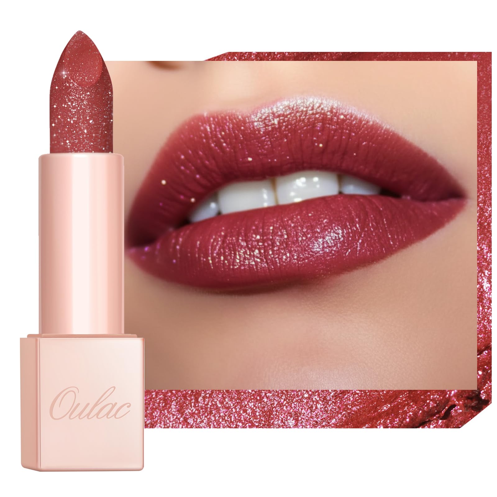 Oulac Rose Glitter Lipstick - Brunt Rose Moisture Tinted Lip Balm, Metallic Sparkly Finish, Peach Shiny lipstick, High Pigment, Creamy Brilliant Lip Color with Shea Butter, Vegan D04 — image 1
