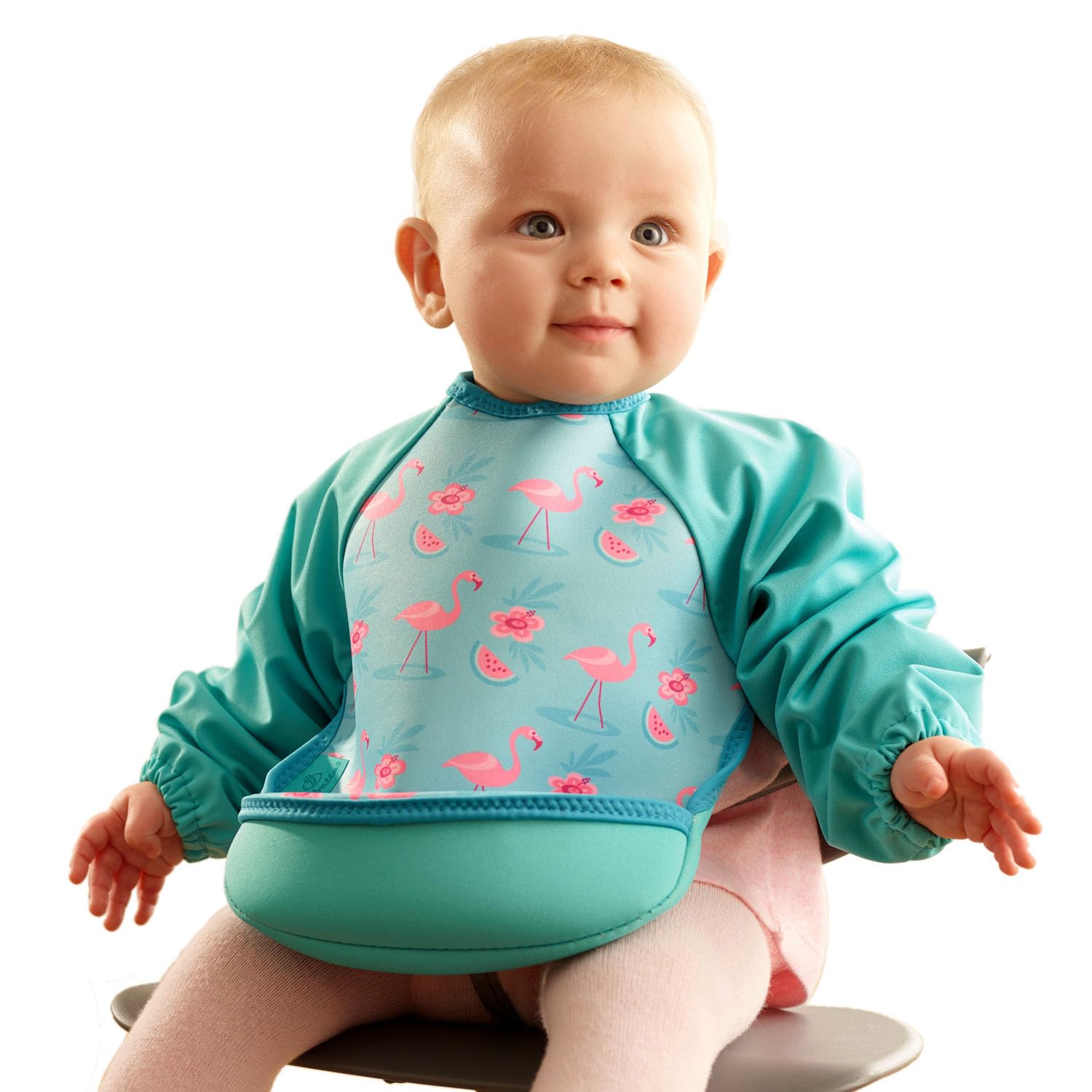Bibetta Ultrabib - Weaning bib with sleeves - Premium Neoprene for Comfort - Waterproof Baby bibs with Crumb Catcher Pocket for Feeding Toddler & Babies - Roll Up and Machine Washable (Flamingos)