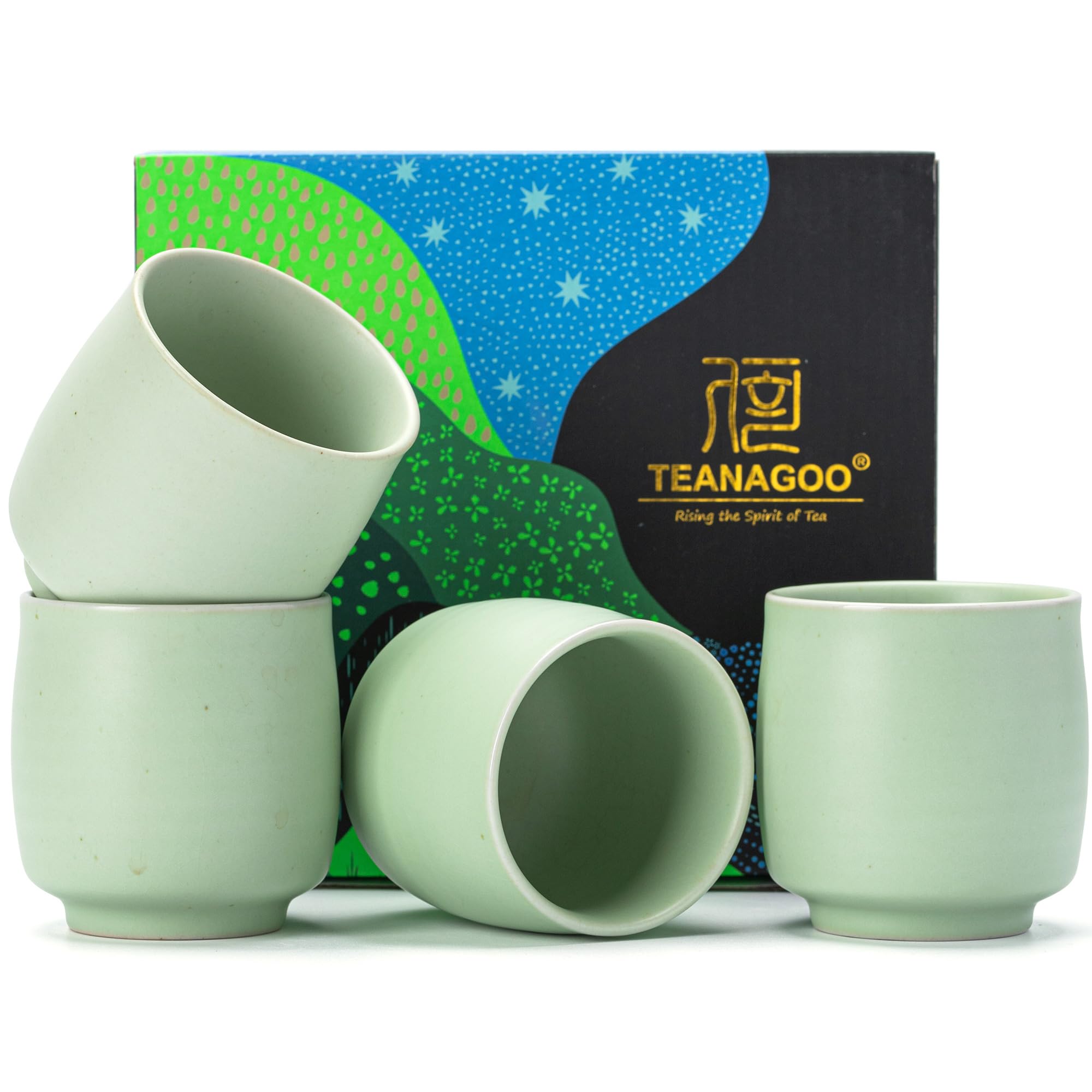 TEANAGOO Ceramic Japanese Tea Cup, 4 Pcs/box, Occupied Japan Cups, Chinese Cup, Asian Cups no Handles, 6.16oz / 175ml,Ruware,Lt.Green