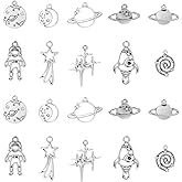 KitBeads 50pcs Tibetan Planet Mixed Styles Star Astronaut Rocket Charms - Antique Silver Space Universe Charms for Jewelry Making Bulk