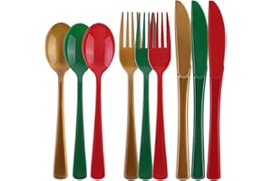 Kochorie 300 Pieces Christmas Plastic Silverware Heavy Duty Plastic Cutlery Set Heavyweight Disposable Flatware Includes Christmas Spoons Forks Knifes for Christmas New Year Party