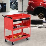 DURHAND 3-Tier Tool Trolley Cart Storage Shelf with Drawer Red 82x35x76 cm view 2