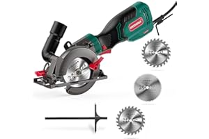 HYCHIKA BETTER TOOLS FOR BETTER LIFE HYCHIKA 6.2A Mini Circular Saw with 3 Blades (4-1/2”), Compact Hand Saw Max 1-7/8" Cutting Depth, 3500RPM, Rubber Handle & 10ft Cord for Wood, Metal, Plastic, Tile