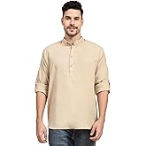 SKAVIJ Men’s Cotton Linen Kurta Shirt – Long Sleeve Henley with Mandarin Collar Roll-Up Sleeves Casual Ethnic Tunic Top