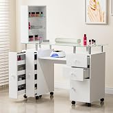 Paddie Manicure Table Nail Desk for Technician, Acetone Resistant Nail Tech Table Nail Table Station w/Glass Desktop, Wrist Cushion, 3-Tiers Shelves, Lockable Wheels &amp; Cabinet (White)