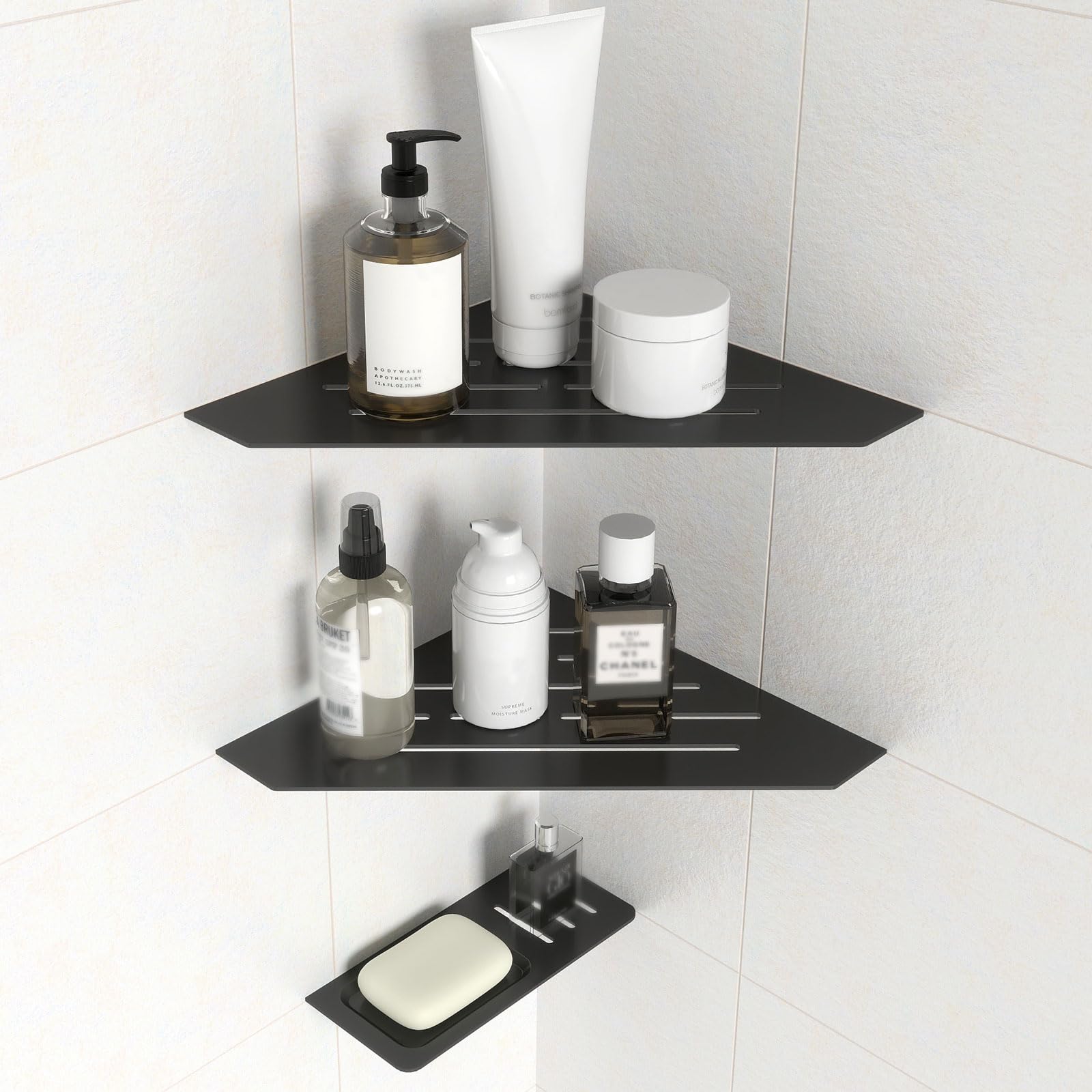 Photo 1 of XIGOO 10" Recessed Corner Shower Shelf 2 Packs, No Drill Bathroom Starage with Soap Tray, Floating Shower Organizer for Tiled Wall, Grout in Shelf for Bathroom, Matte Black