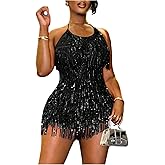 SweatyRocks Women's Sequin Rompers Fringe Crisscross Backless Short Halter Jumpsuit Rave Disco Outfits