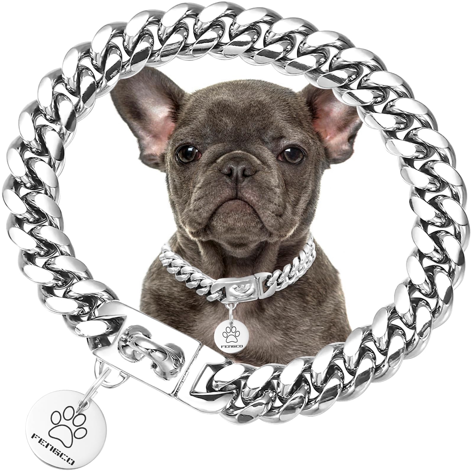 Silver Dog Chain Collar with Dog Tag Pendent Cuban Collar Necklace Metal Chain Collar Stainless Steel Pet Cuban Links Collars for Dogs(26inch)