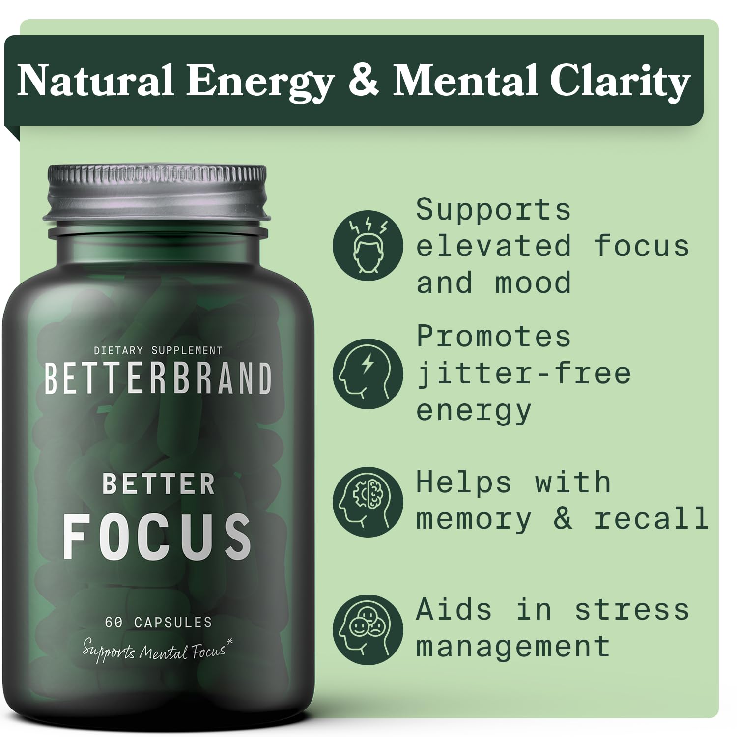 Betterbrand BetterFocus Brain Booster Brain Supplements for Memory and Focus for Mental Clarity. Caffeine, Dynamine, L-Theanine, Rhodiola & TeaCrine (30 Servings)