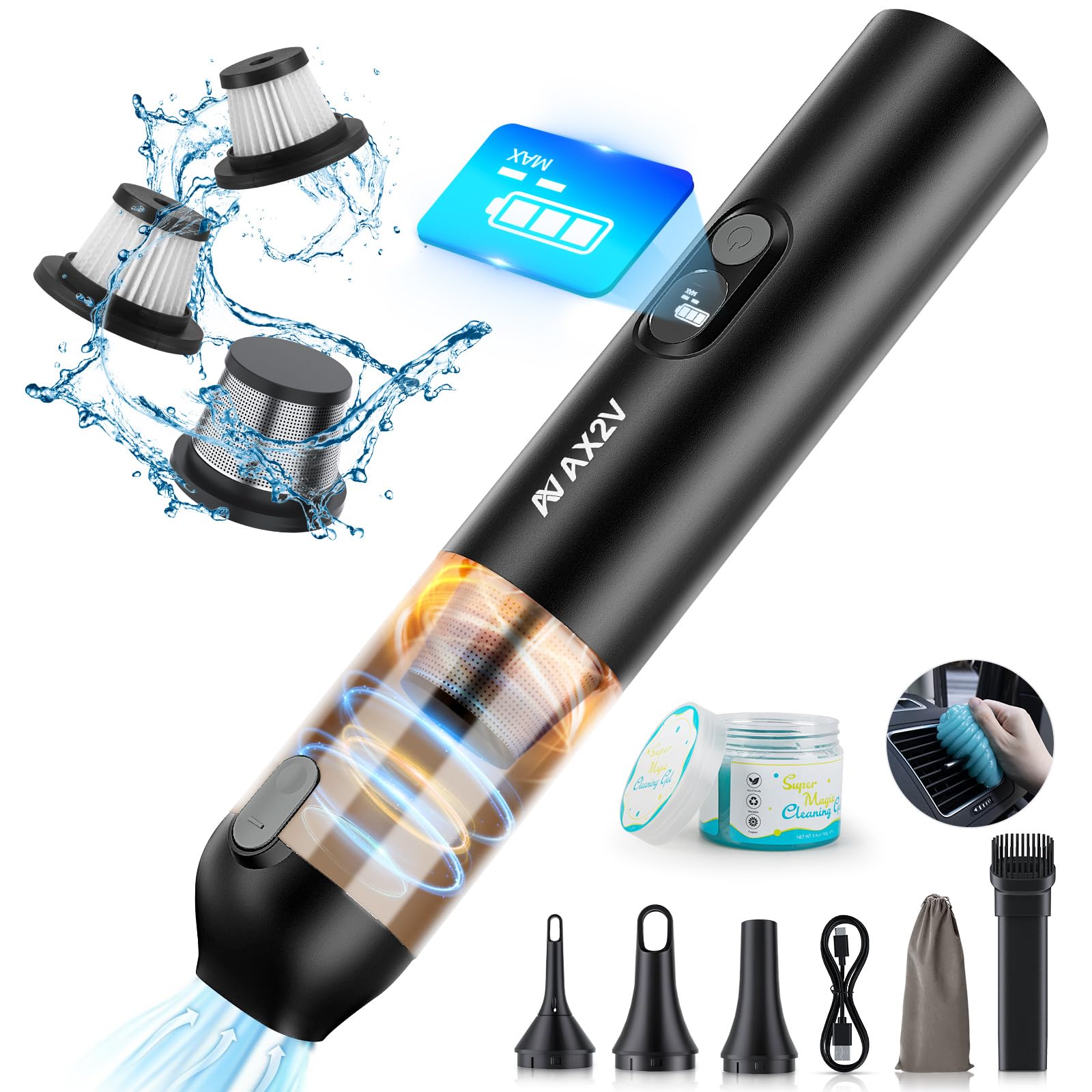 AX2V Handheld Car Vacuum Cordless Rechargeable 19000PA Mini Vacuum Cleaner, Low Noise Portable Vacuum, with Cleaning Gel for Car Detailing Keyboard Cleaner Home Cleaning