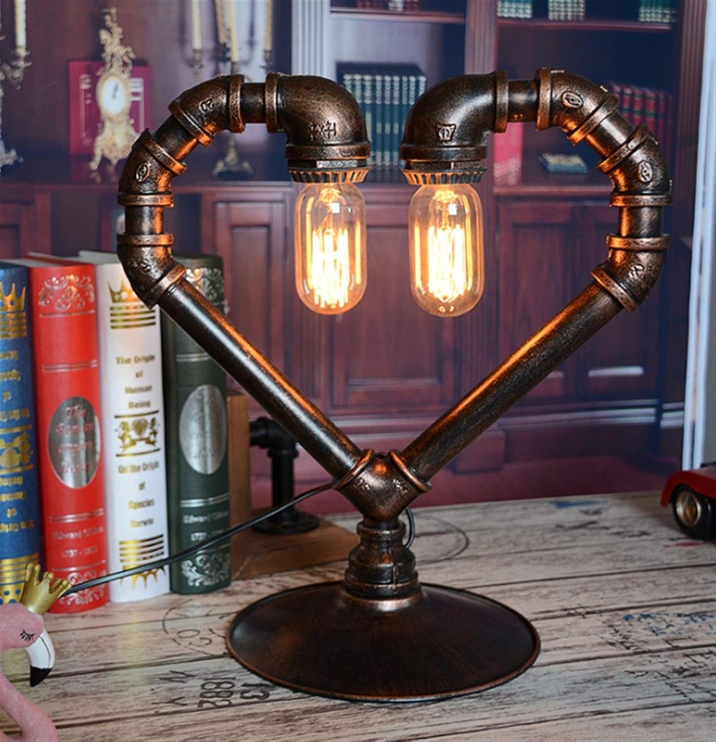 Water Pipe Desk Lamp, Bronze Personality Retro Iron HeartShaped Table Lamp, E27 Restaurant Cafe