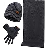 Mens Winter Hat Scarf Glove set for Men 3 Pcs Touchscreen Anti Slip Gloves Knit Stretchy Beanie Hats and long Scarfs Set