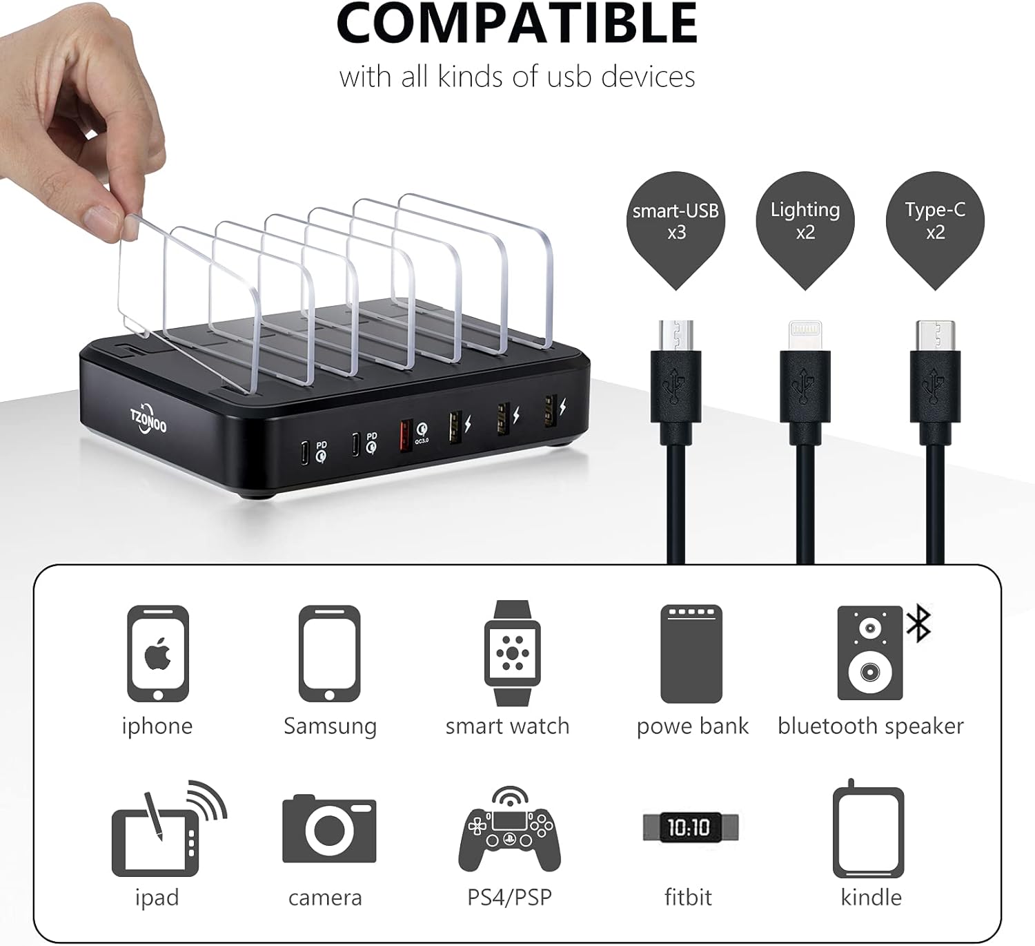 TZONOO 2PD 84W USB Charging Station 6 USB Ports Fast Multi Charger Stand Organizer Heavy Duty Dividers for Cell Phones Tablets Smartphones Electronics for iPhone 12/11 Apple Andiro Home Office(Black): Electronics