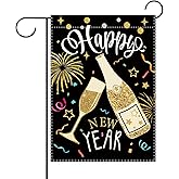 Terkki Happy New Year 2026 Decorative Garden Flag, Black Gold Champagne Fireworks Small Yard Outside Decorations, Christmas Winter Glitter Dots Burlap Outdoor Home Decor Double Sided 12 x 18