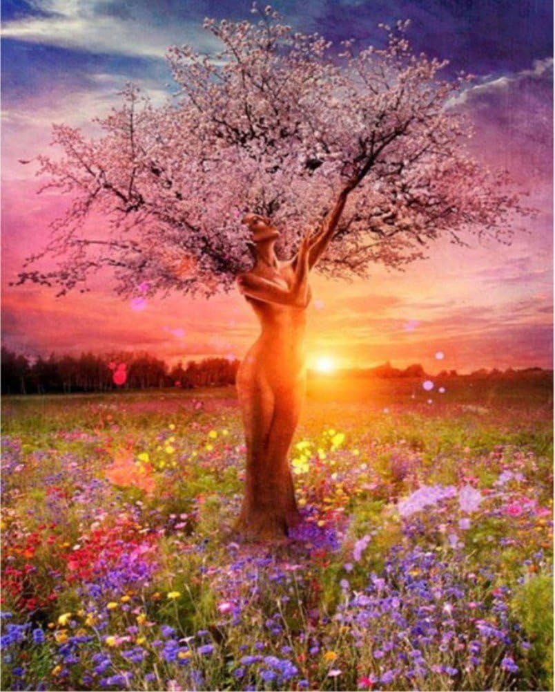 FOVEONE DIY Paint by Numbers Kits for Adults, Oil Painting by Number for Kids Beginner - Sunset Cherry Tree Goddess 16X20 inch Christmas Home Decor (Frameless)