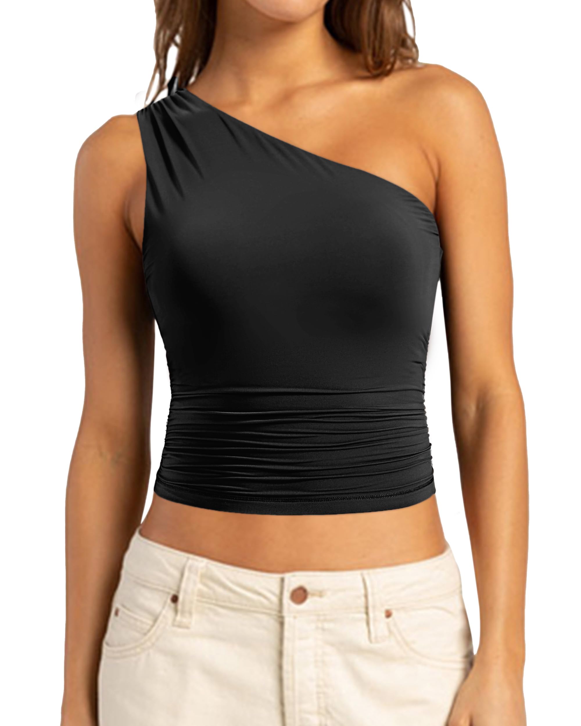 Photo 1 of SUUKSESS Women Double Lined Going Out Trendy Crop Tops One Shoulder Ruched Casual Sleeveless Shirts (Black,S)