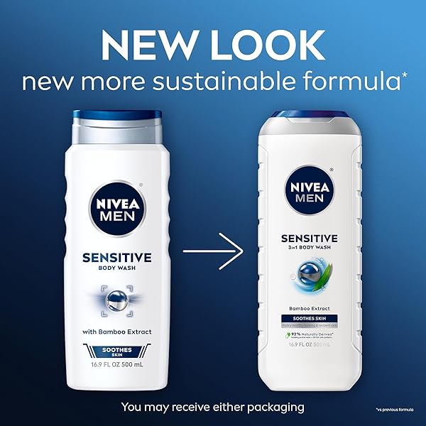 NIVEA MEN SENSITIVE BODY WASH WITH BAMBOO EXTRACT, MOISTURIZING BODY WASH FOR SENSITIVE SKIN, SOAP FREE SHOWER GEL FOR MEN WITH NO DRYING ALCOHOL, 16.9 FL OZ BOTTLE