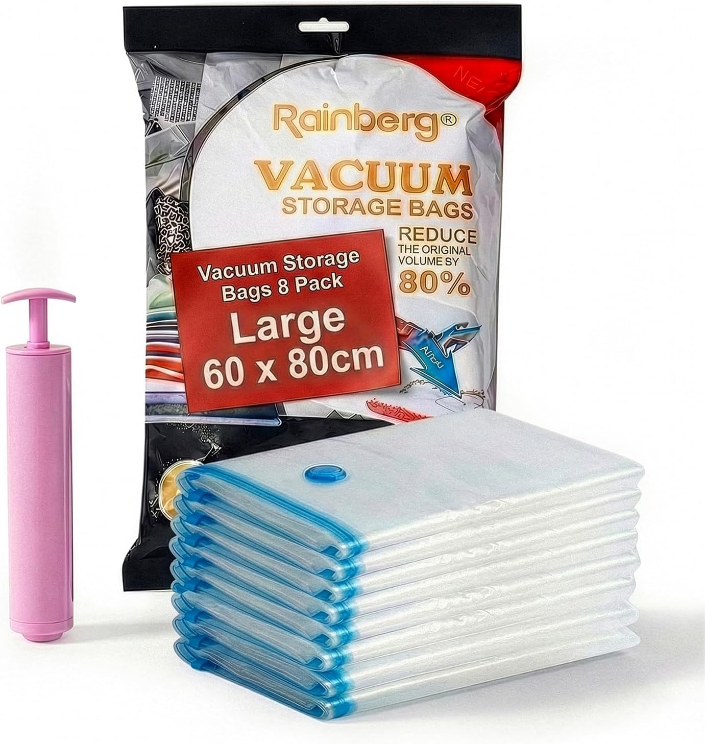 Rainberg 8 Pack Large Vacuum Storage Bags, Home and Travel Vacuum Bags with Pump featuring Double Zip Seal & Triple Seal Turbo-Valve for Maximum Space Saving, Up to 80% More Space (60 x 80cm)
