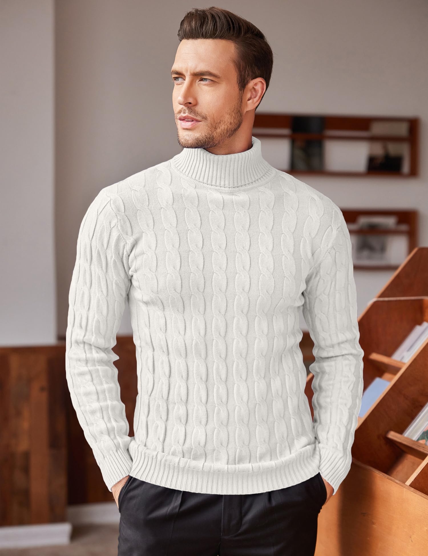 COOFANDY Herren Pullover Rollkragen Strickpullover Zopf Pullover Turtleneck Rollkragenpullover Warme Sweater Winter Basic Weiß L 2