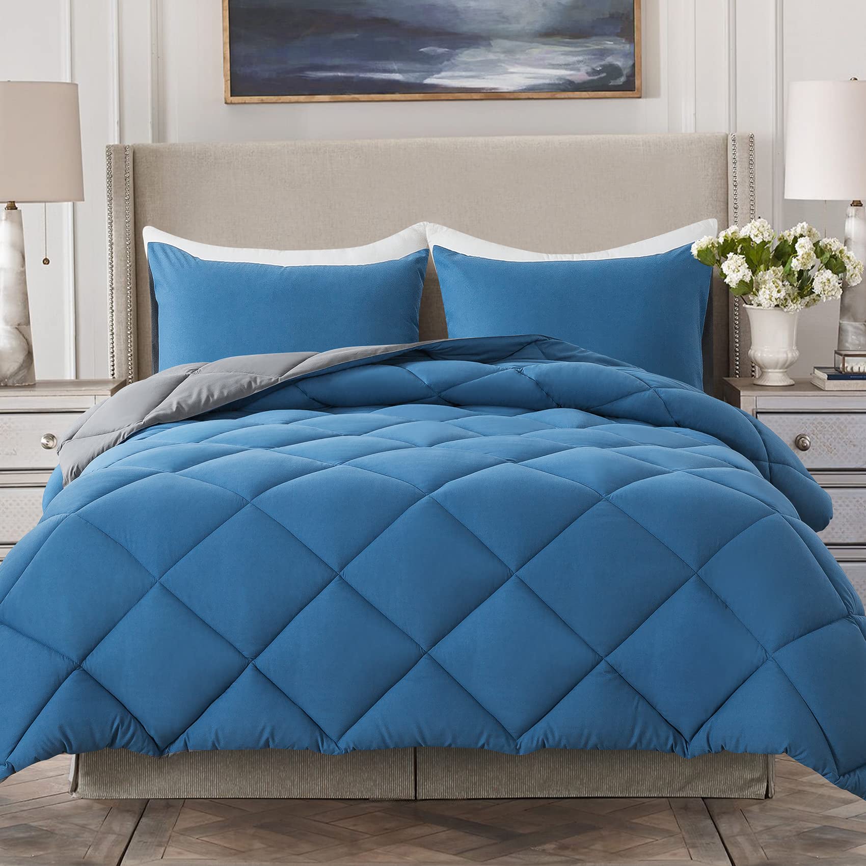 Decroom Lightweight King Comforter Set with 2 Pillow Sham - 3 Pieces Set - Quilted Down Alternative Comforter/Duvet Insert for All Season - Grayish Blue/Grey - King Size Image