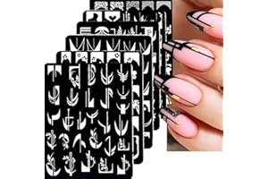 KKUUOO 6Pcs Nail Art Stamping Templates Set with French Line Flowers Leaves Smiley Heart Design Art Stamping Kits DIY Printing Tools Fashion Art Decoration for Women and Girls