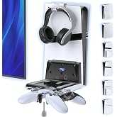 P5 Wall Mount Kit with Controller Holder Compatible with P5/Slim/Pro Disc &amp; Digital, Pa5 Mount Floating for Gaming Accessories, Compact Pa5 Vertical Wall Shelf Organizer Bracket with Headphone Hook