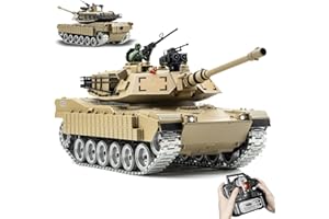 AoreSpty Réservoir RC avec pistes métalliques – Échelle 1:18 M1A2 Abrams Char télécommandé qui tire des BBS et des balles d'e