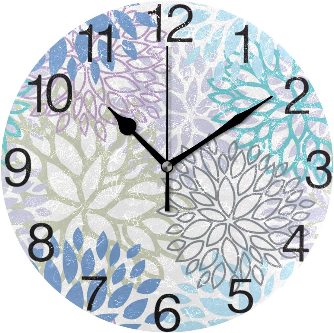 White Dahlia Round Wall Clock, Silent Non Ticking Oil Painting Decorative for Home Office School Clock Art, Blue Grey And Purple
