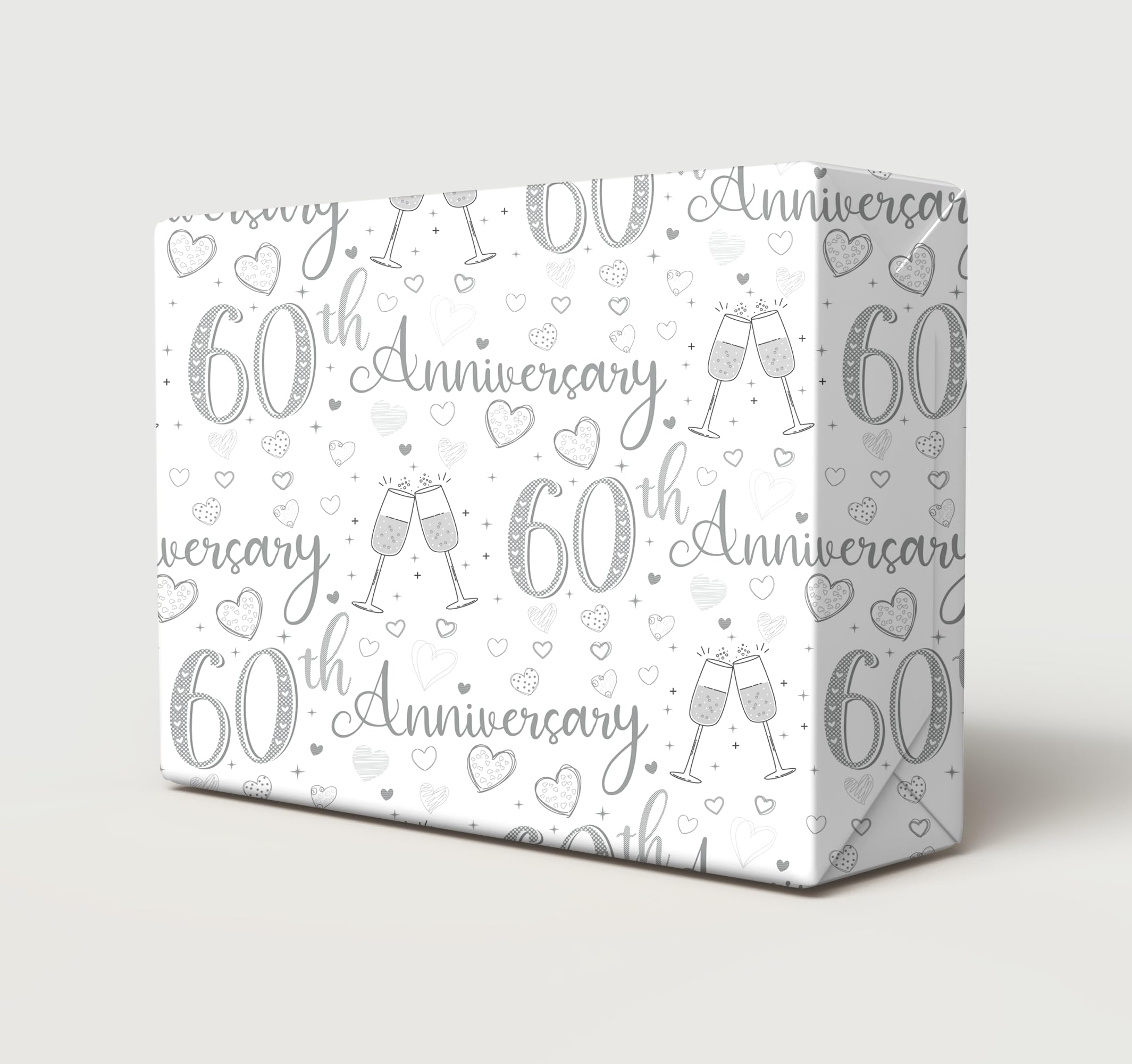 Party Angels 4 Sheets 4 Tags 60th Wedding Anniversary Wrapping Paper Champagne Glass Design Diamond Wedding Anniversary Giftwrap (PA)