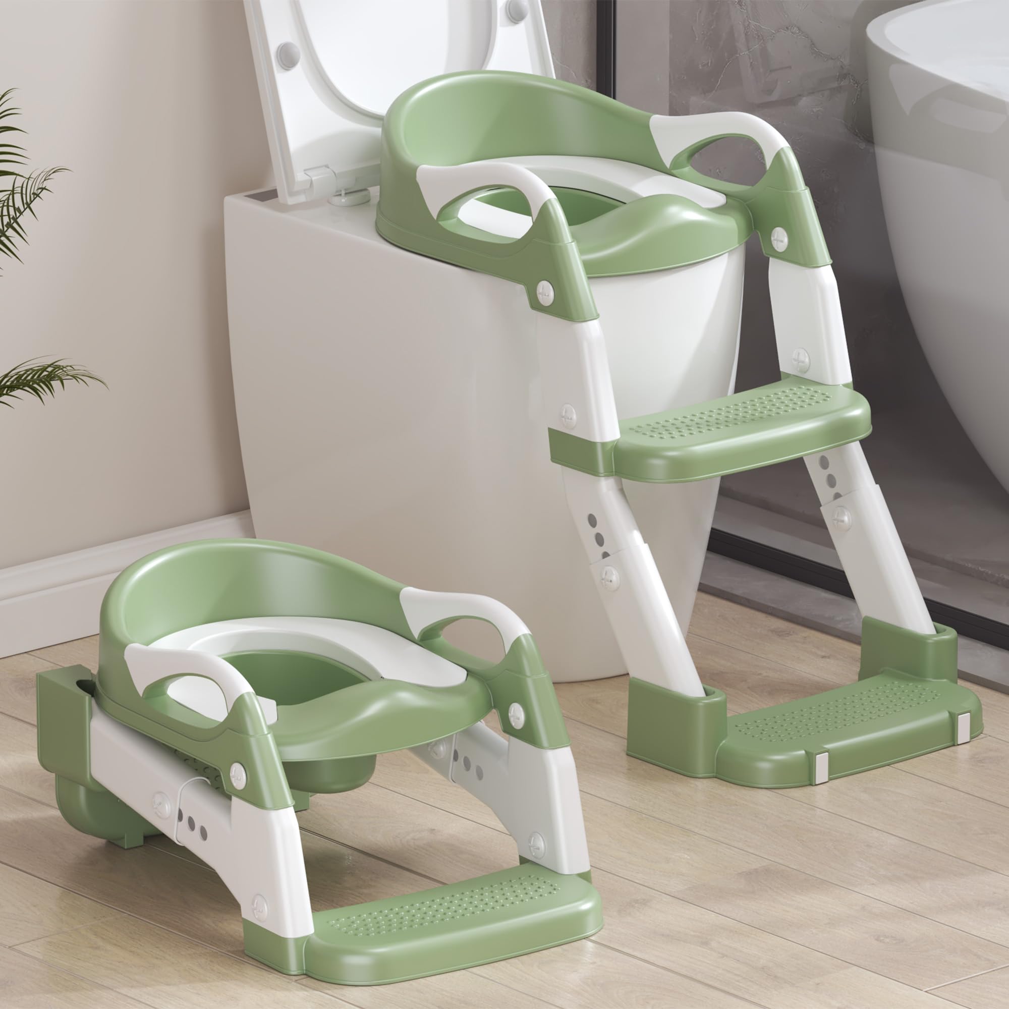 Photo 1 of 2-in-1 Toddler Potty Training Toilet Seat with Step Stool Ladder – Adjustable Height Potty Chair Urinal for Baby Boys Girls Age 1-3, Foldable Training Potty with Splash Guard & Anti-Slip Feet, Green