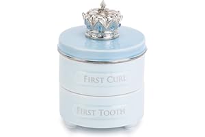 DEMDACO First Tooth and Curl Soft Blue 4 x 3 Ceramic and Pewter Baby Keepsake Box, 1 Count (Pack of 1)