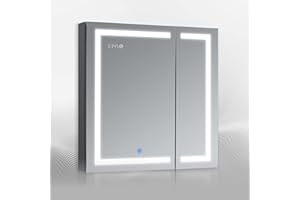 DECADOM LED Mirror Medicine Cabinet Recessed or Surface, Dimmer, Clock, Room Temp Display, Dual Outlets (Duna 30x32)