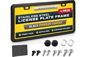 Powder-Coated Matte Black Thin License Plate Frame, 1 Piece, Front or Rear | Street Legal, Stainless Steel, No-Rust, No-Rattle, Slim 2 Hole with Screw Caps, Car Wash Proof, Gloss Thin Metal Tag Holder