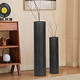 Set of 2 Black Cylinder Floor Standing Vases Large 27/21in Tall Metal Decorative Vase Honeycomb Texture Modern Home Decor for Dining Room Living Bedroom Hallway Corner